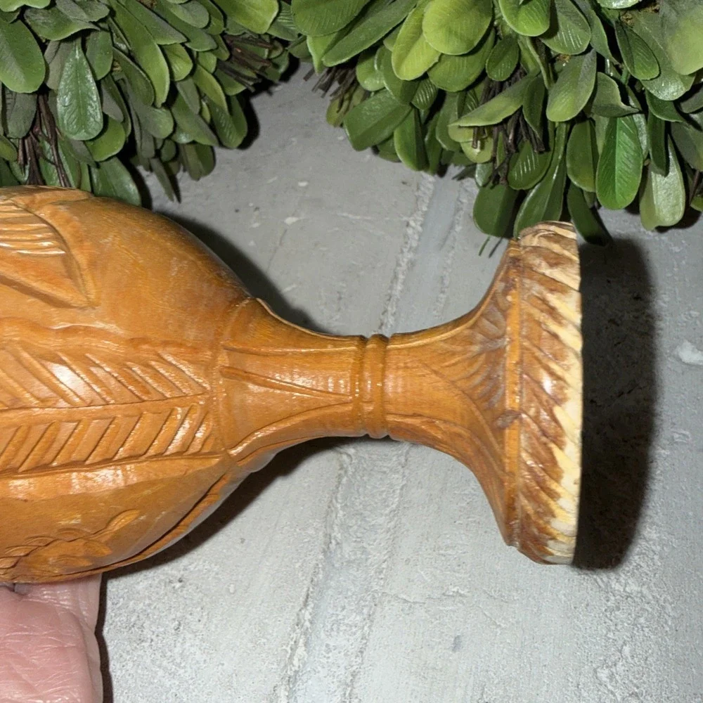 Olive Wood Vintage Vase Bird And Palm Tree Design‎ 6.25
